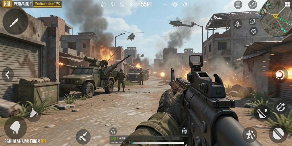 Screenshot gameplay 55RT yang menunjukkan aksi tempur TPS yang mendebarkan.