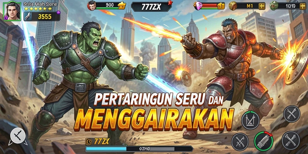 Tangkapan layar utama gameplay Fighting 777ZX yang mendebarkan.