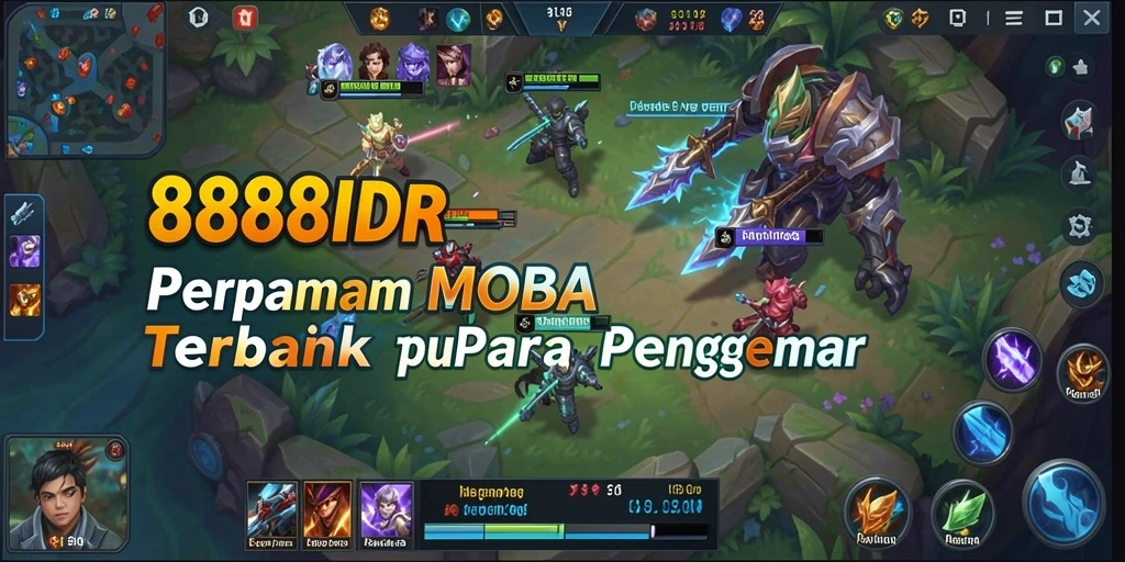 Tangkapan layar utama 888IDR menampilkan aksi pertempuran seru dalam arena MOBA.