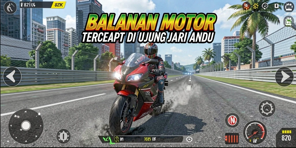 Screenshot gameplay 8ZK menampilkan aksi balap motor yang mendebarkan.