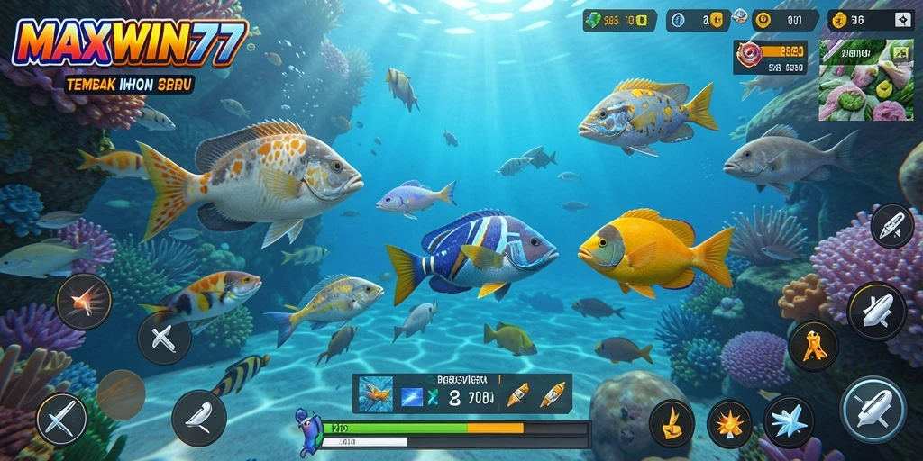 Screenshot gameplay menarik dari MAXWIN77 dengan banyak ikan.