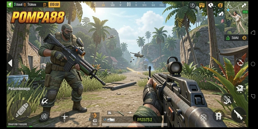 Gameplay intens dan seru dalam POMPA88 yang menampilkan aksi tembak-menembak.