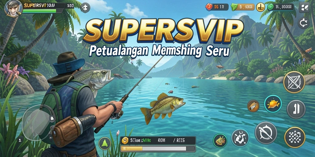 Tampilan gameplay menarik dalam SUPERSVIP saat menangkap ikan besar.