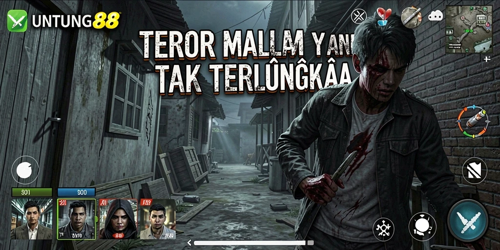 Tampilan gameplay mencekam UNTUNG88 dengan suasana horor yang intens.
