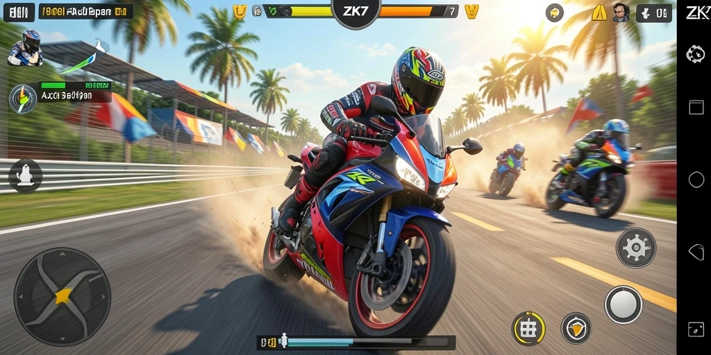 Screenshot ZK7 menunjukkan aksi balapan motor yang cepat dan mendebarkan.